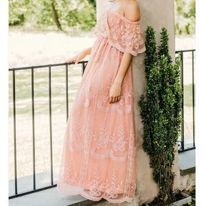NEW Main Strip Elegant Off Shoulder Pink Lace Mesh Maxi Dress Scalloped Hem